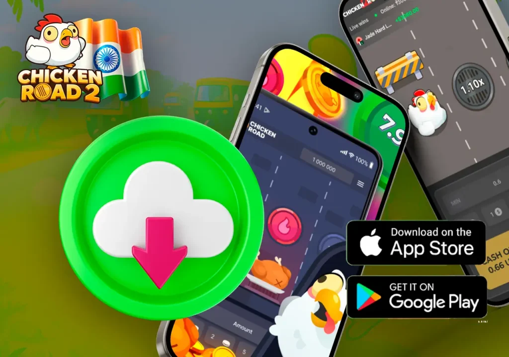 Chicken Road 2 game screen with mobile device and download button