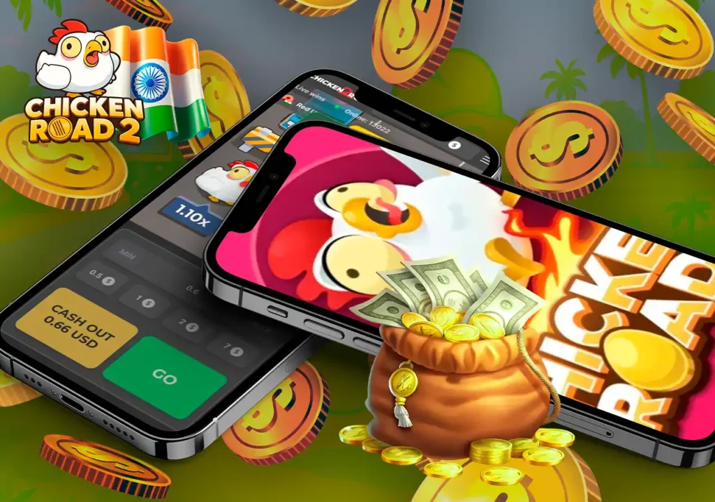 Main visual of Chicken Road 2 game with cartoon chicken and falling money