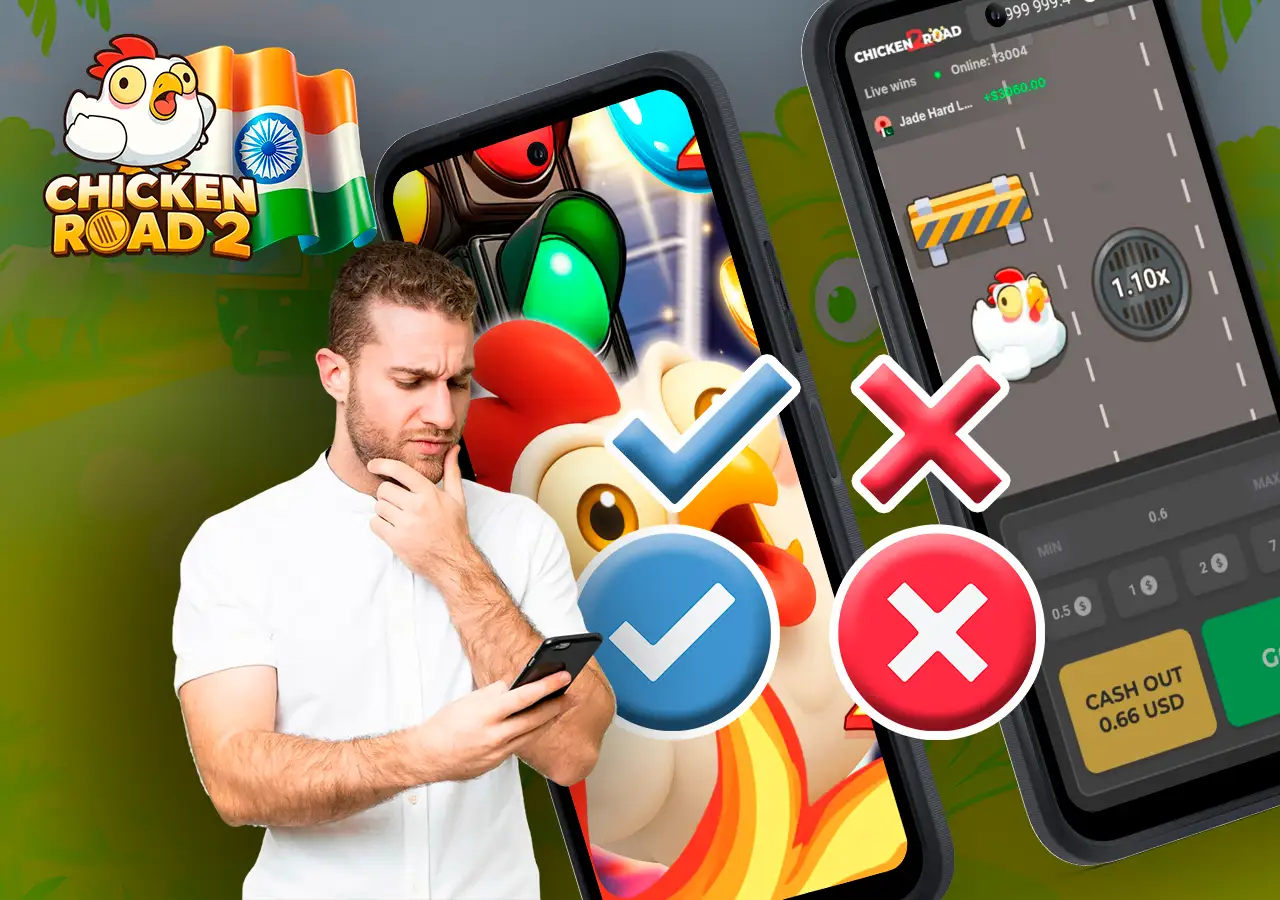 Pros and cons for Chicken Road game with happy and sad icons