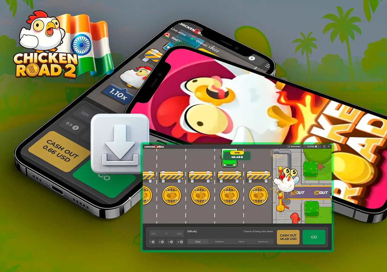 Chicken Road 2 APK with download button and mobile phones