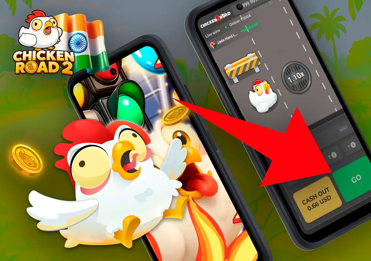 Gameplay tutorial screen of Chicken Road app with buttons