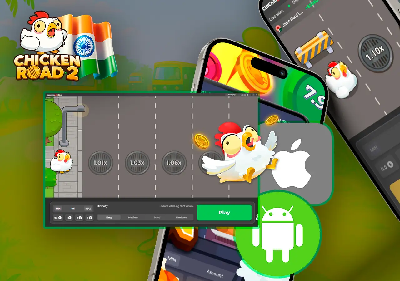 Gameplay screen of Chicken Road 2 mobile app with running chicken