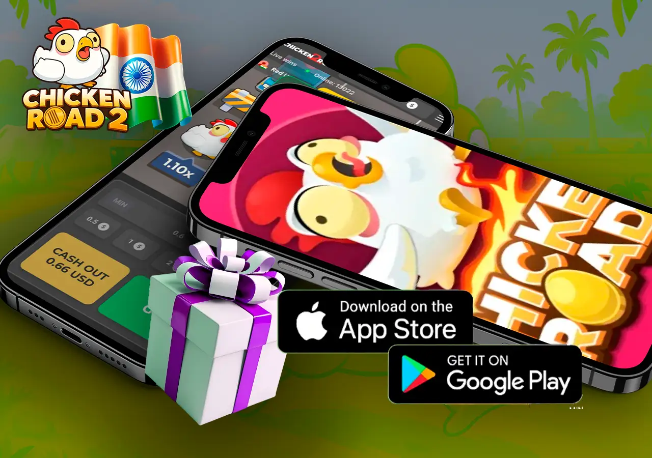 Chicken Road gameplay on mobile app with Android and iOS icons and game interface
